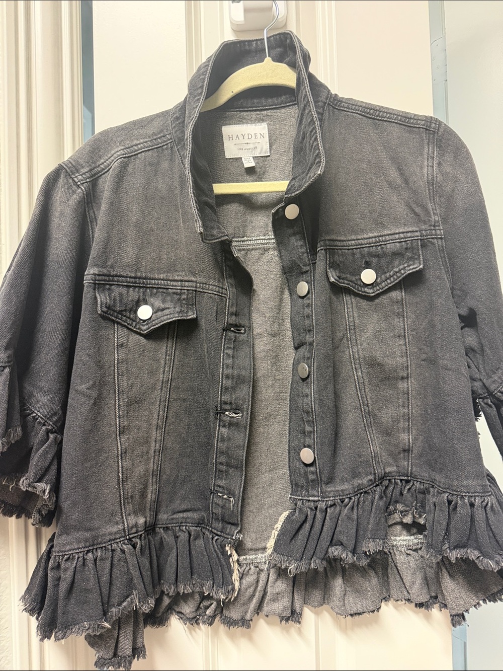 Hayden Charcoal Frayed-Hem Denim Jacket